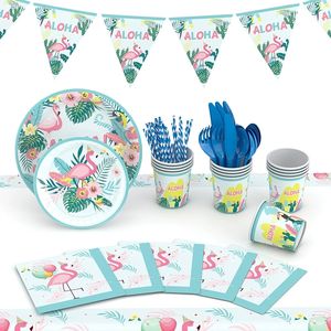 Ensemble de fournitures de fête d'<span class=keywords><strong>anniversaire</strong></span> <span class=keywords><strong>flamant</strong></span> <span class=keywords><strong>rose</strong></span> comprenant des assiettes en papier de 7/9 pouces et des articles décoratifs pour un événement de célébration d'été tropical - Product Image 2