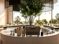 Design d'intérieur de café nordique de luxe |   Comptoir de bar modulaire complet en bois et pierre pour magasin de détail avec solutions LED