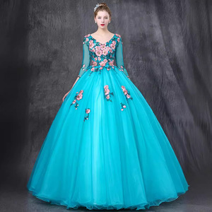 Lake Blue Women's Long Skirt Stage Performance Costume With Floral Embroidery For Art Exam And Chorus Show - Product Image 2