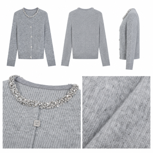 Cárdigan de Punto Personalizado para Mujer, Color Gris Claro, con Adornos, Cuello <span class=keywords><strong>Joya</strong></span>, Botones al Frente, OEM ODM - Product Image 5