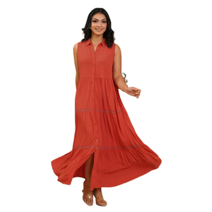 Vestido Maxi Casual de Gasa Naranja Vibrante de Alta Calidad con Bordado y Volantes para Mujer - Product Image 2