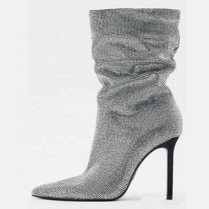 Botines de tacón de aguja con punta fina y diamantes plisados, botines cortos de invierno con pedrería brillante para mujer - Product Image 1