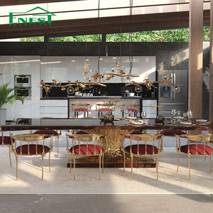 Juego de Mesa y Sillas de Comedor Largas de Madera de Burl Hechas a Mano de Lujo con Base de Latón Dorado para Proyectos de Villas/Restaurantes de Hoteles de 5 Estrellas - Product Image 2