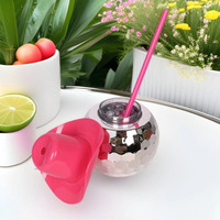 Gobelet jetable sphérique en plastique de 500 ml (17 oz) en forme de boule disco avec couvercle et paille – Idéal pour les fêtes