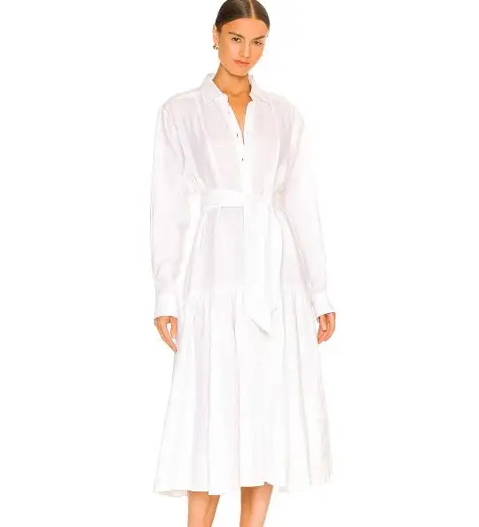 Women's Linen Tuxedo Dress Buttoned Front Linen Shirt Dress With Tiered Skirt