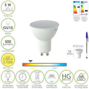 Lampadina LED Dicroica GU10 a Innesto 5 Watt. Equivalente a 30 Watt. 500 Lumen. Bianco caldo (2700K) - Product Image 1