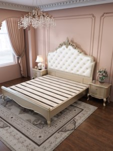 Lit capitonné de luxe en bois sculpté français, ensemble de meubles de chambre principale, lit double classique King/Queen pour villa - Product Image 4