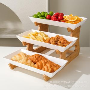 Estante de tres niveles de madera para servir frutas y postres, soporte de bambú con bandejas blancas para aperitivos de fiesta del té. - Product Image 1
