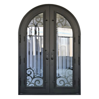 Ventanas de vidrio templado de doble capa, puerta de entrada frontal de hierro forjado arqueada clásica para casas, puerta de Metal moderna para exteriores, 2 unidades