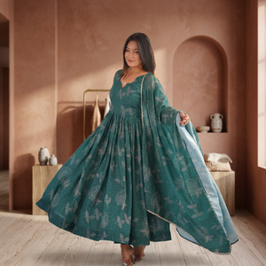 Robe longue pour femme TENNECY, à porter avec un maslin imprimé et une dentelle dorée, sans plis, idéale pour les occasions de mariage - Product Image 1
