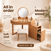 Table de toilette d'angle moderne en bois de frêne, style nordique, en bois massif, avec miroir et tabouret pour petite chambre