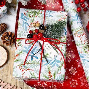 Christmas gift wrapping <b>paper</b> with ink wash style featuring blue berries and green <b>leaves</b> Double sided printing Customizable - Product Image 1