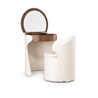 Ensemble de coiffeuse moderne en cuir blanc crème courbé avec miroir rond relevable et tabouret de rangement SZT075