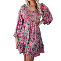Élégant femmes coton robe florale col en V à volants bord manches longues taille mince respirant printemps automne imprimé taille libre XL