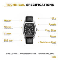 Jam Tangan SKMEI 9306 Quartz Tali Kulit Casing Tonneau Arloji Pria Bisnis Formal Tanggal Detik Kecil Tahan Air 30M