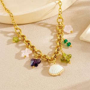 Fashion Gold Plated O Chain Necklace With Scallop Acrylic Butterfly Flower Pendant Party Jewelry - Product Image 3