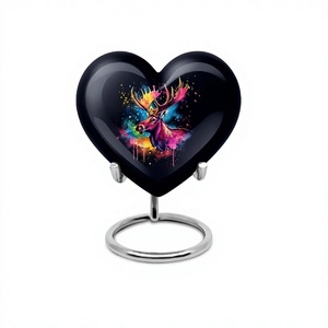 Urne commémorative de crémation en forme de coeur d'orignal multicolore noir mat pour les cendres humaines avec support et sac en velours gratuit - Product Image 1