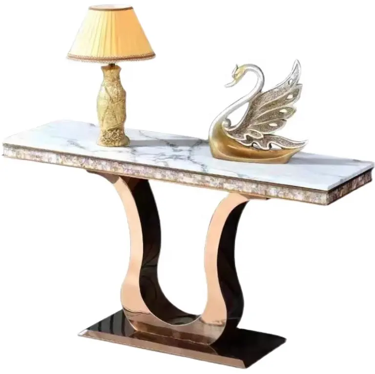 Tampo de mesa em mármore creme para decoração de paredes de corredor com mesa de console italiana em aço inoxidável dourado rosa