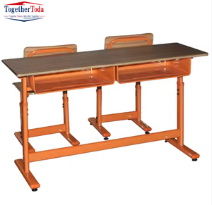 Ensemble chaise et bureau double réglable en hauteur avec rangement sous le bureau en bois pour salles de classe et centres de formation - Product Image 3