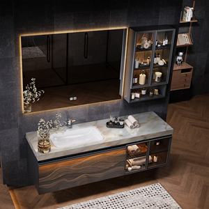 Mobile <span class=keywords><strong>Bagno</strong></span> Sospeso di Lusso Stile Hotel con Top in Quarzo e Armadietto a Specchio LED Intelligente in Legno Massello - Product Image 5