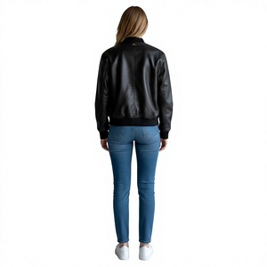 Blouson Bomber en Cuir Véritable pour Femme, Fermeture Éclair, Col Montant, Coupe Régulière, Manches Longues, Couleur Unie, Coupe-Vent Automne - Product Image 6