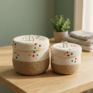 Natural Jute Woven Storage <b>Basket</b> <b>with</b> <b>Lid</b> Round Cotton Rope Organizer for Indoor Balcony Home Decor - Product Image 2