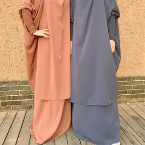 必备两件套Jilbab带裤子套装新款褶边袖轻质不透明奈达穆斯林女性斋月伊斯兰服装