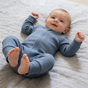 Pigiama in cotone a maniche lunghe con doppia zip per neonati, traspirante, a costine, per uso quotidiano a casa - Product Image 2