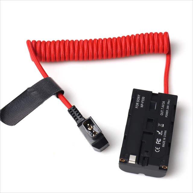 D-tap to F550 Dummy Battery Coiled Nylon Power Cable for Camera Red