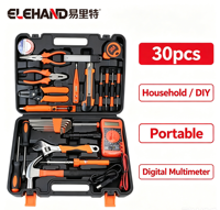 ELEHAND Ensemble d'outils ménagers de 30 pièces avec multimètre numérique, kit d'outils à main dans un étui rigide, OEM/ODM pour le bricolage à domicile, la réparation et les cadeaux
