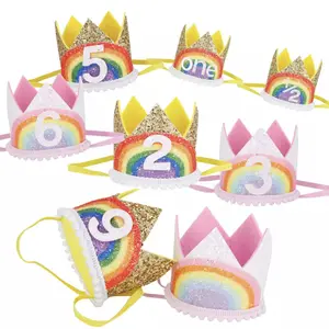 Wholesale Baby Birthday Party Rainbow Crown Hat Headband Gold Powder Crown Hat Headband With Number