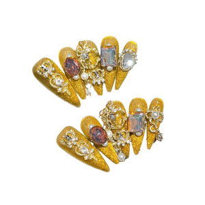 Faux ongles longs dorés faits à la main, style diamant 3D, luxe, automne, en acrylique, pour manucure des doigts - Product Image 4