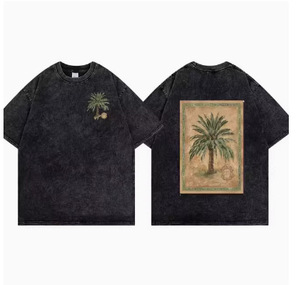 เสื้อยืดพิมพ์ลายต้นปาล์มสีดำสำหรับผู้ชาย คอกลม แขนสั้น ผ้าถัก สไตล์ลำลองสำหรับฤดูร้อน เสื้อผ้าแนวสตรีท - Product Image 2