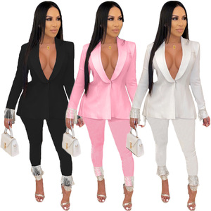 Otoño último estilo brillante borla decoración Deep V Party Outfit 2 <span class=keywords><strong>piezas</strong></span> Set pantalón largo Blazer Suit Set <span class=keywords><strong>para</strong></span> damas - Product Image 1