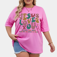 T-shirt ample et décontracté pour femme en coton épais 140 g/m² avec épaules tombantes, imprimé logo « Jésus t'aime » et patchs, respirant