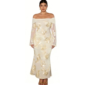 Robe longue maxi pour femme grande taille à épaules dénudées avec broderie florale et manches transparentes – Robes de soirée élégantes - Product Image 1