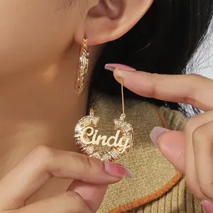 2024 Custom 18K Gold Plated Heart Bamboo Name Hoop Earrings Waterproof Stainless Steel Jewelry For Women For Wedding Or Gift