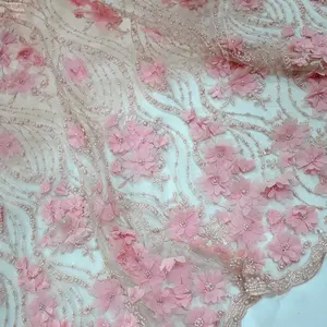 Rosa top end französisch handgemachte perlen spitze mit 3d blume net spitze tüll stoff für mädchen kleid HY0830-6