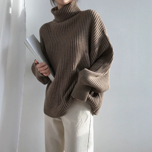 Pull col roulé rouge pour femme, manches lanternes, tricot côtelé épais en acrylique, hiver, décontracté, couleur unie, manches longues - Product Image 1