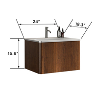 Meuble-lavabo flottant moderne en noyer rayé de 24 pouces avec vasque en céramique blanche, pré-assemblé pour petits espaces de salle de bain ou de salon