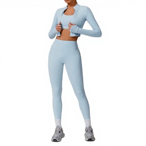 Custom Logo Solid Gym Outfit Set Stretchy <b>Zip</b>-<b>up</b> <b>Jackets</b> Thumb Holes High Waist Tummy Control Leggings Halter Bra 3-Piece Yoga - Product Image 4