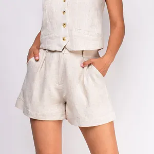 Conjunto de camiseta y pantalones cortos de gran tamaño blanco de diseñador de logotipo personalizado, conjunto corto de verano, aspecto de lino, chaleco de lino Beige, conjunto de pantalones cortos para mujer