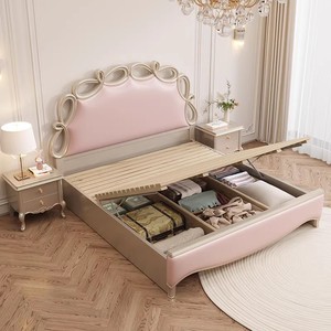 Cama Doble <span class=keywords><strong>de</strong></span> Madera Maciza <span class=keywords><strong>de</strong></span> Lujo Ligero, Estilo Princesa, con Lazo Rosa <span class=keywords><strong>de</strong></span> 1.8 m, en Color Crema Francés, con Cuero Genuino, para Segunda Cama Suave - Product Image 5