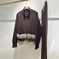 Ensemble tricoté en vraie fourrure de lapin, chaud et doux, pour l'hiver, comprenant un cardigan et un pantalon large à jambe droite pour femme