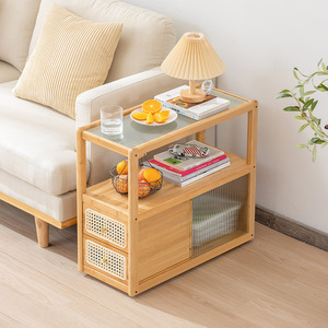 Sofa <b>Side</b> Cabinet <b>Glass</b> Top Wooden Storage With Drawers Living Room Furniture - Product Image 1