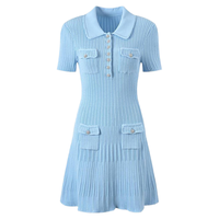 Vintage élégant 2025 printemps dame col rabattu à manches courtes femmes tricot Sequin gaine à volants robe décontracté solide Direct