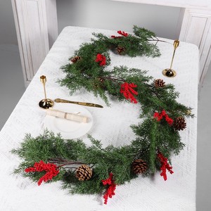 FUYI Christmas Pine Needle Garland 2 Meter Artificial Greenery With Red Berries And <b>Pinecones</b> For Table Decoration - Product Image 1