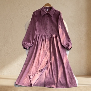Vestido Camisero de Pana para Mujer, Manga Larga, Dobladillo Asimétrico, Largo Midi, Cuello Camisero, Corte Holgado, Otoño - Product Image 3