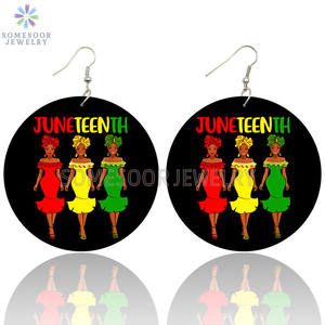 Pendientes de madera con estampado de doble cara, joyería inspiradora de la historia de la liberación de esclavo negro, estilo africano redondo - Product Image 4