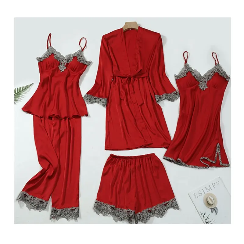 Women lace night clothing 5pcs satin silk sexy pajamas suit